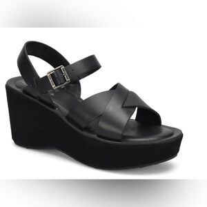 Kork-Ease Ava Classic Sandal Wedge Platforms, Black Leather, Size 9